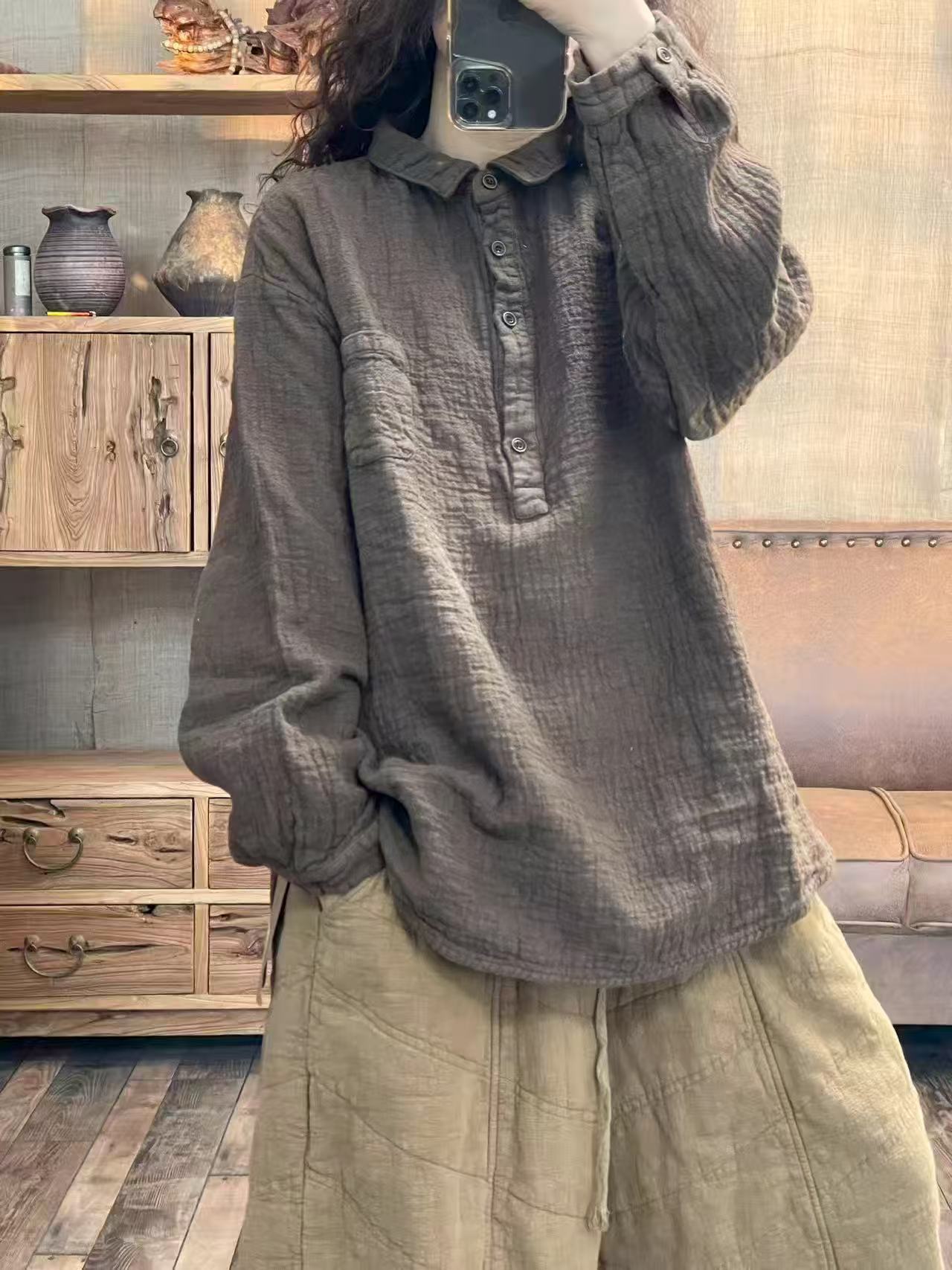 亚麻双层衬衫｜冬季亚麻炒色做旧半扣领休闲衬衫（长72 胸围120）