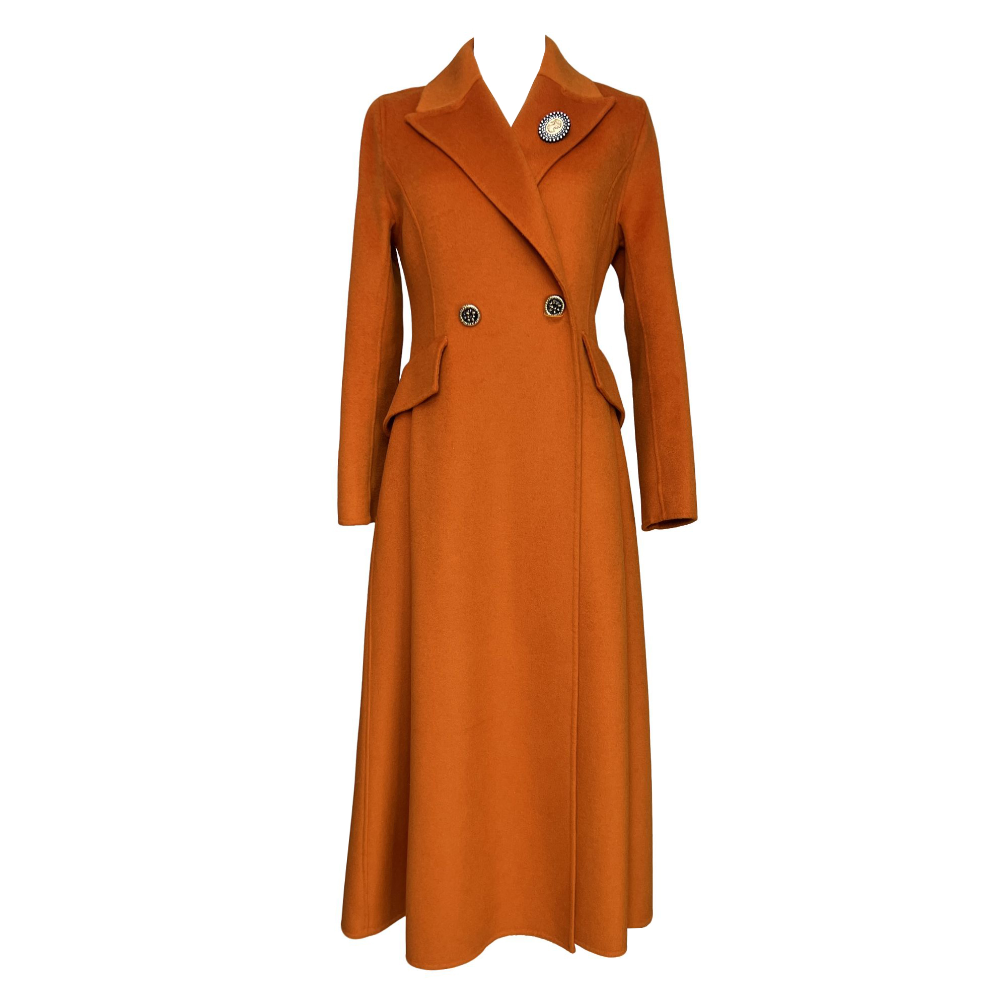 原创橘色双面羊绒大衣时尚女士长款气质A字版修身毛呢外套双排扣