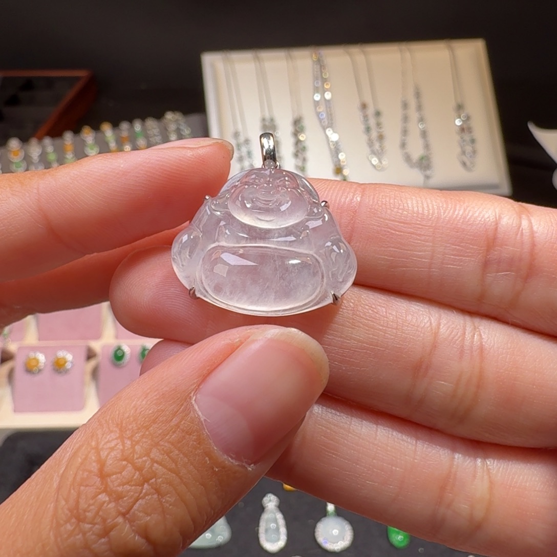 翡翠18K金镶嵌颈饰纯天然缅甸翡翠A货佛公