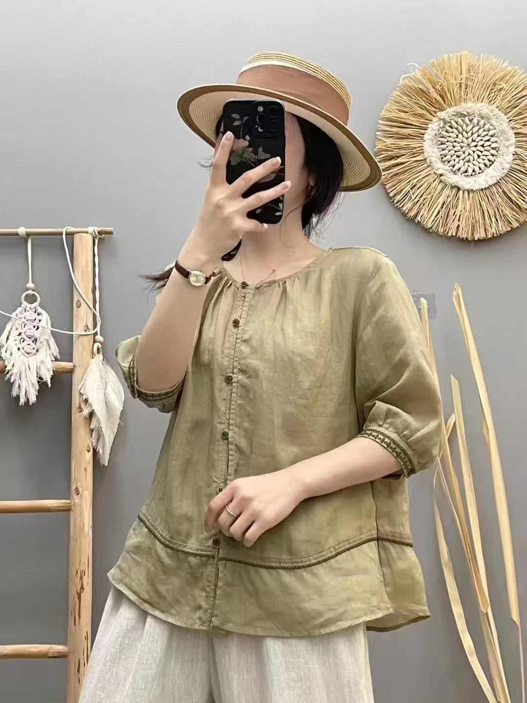 纯苎麻衬衫夏季新款麦芽绣撞色上衣女文艺圆领开衫衬衣SM 8825