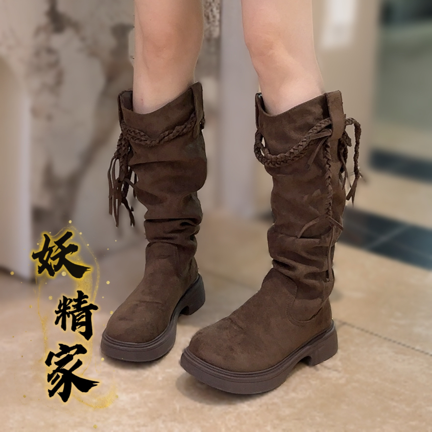 1632-1【妖精家】厚底骑士靴女秋季新款时尚流苏轻便增高休闲埃及靴