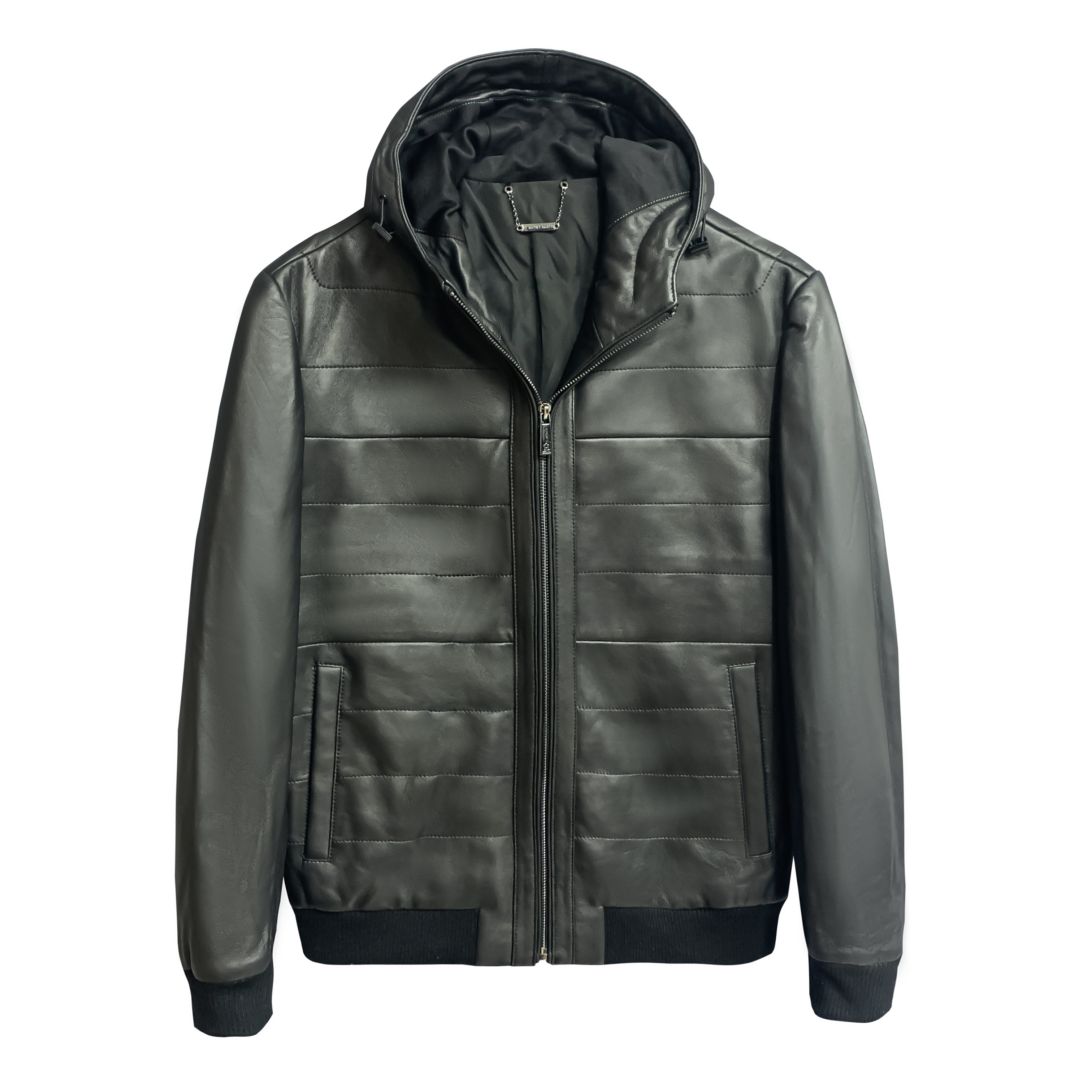 法国-梦【经典连帽】黑色通勤商务休闲填充蚕丝秋冬真皮皮衣PY001