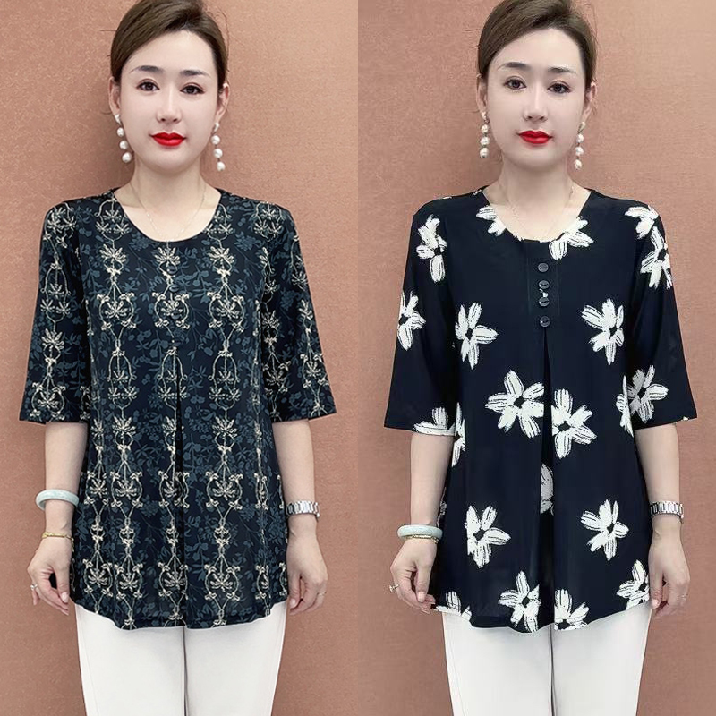 新款妈妈装夏装中袖中老年人大码女装宽松加肥加大半袖显瘦遮肚子