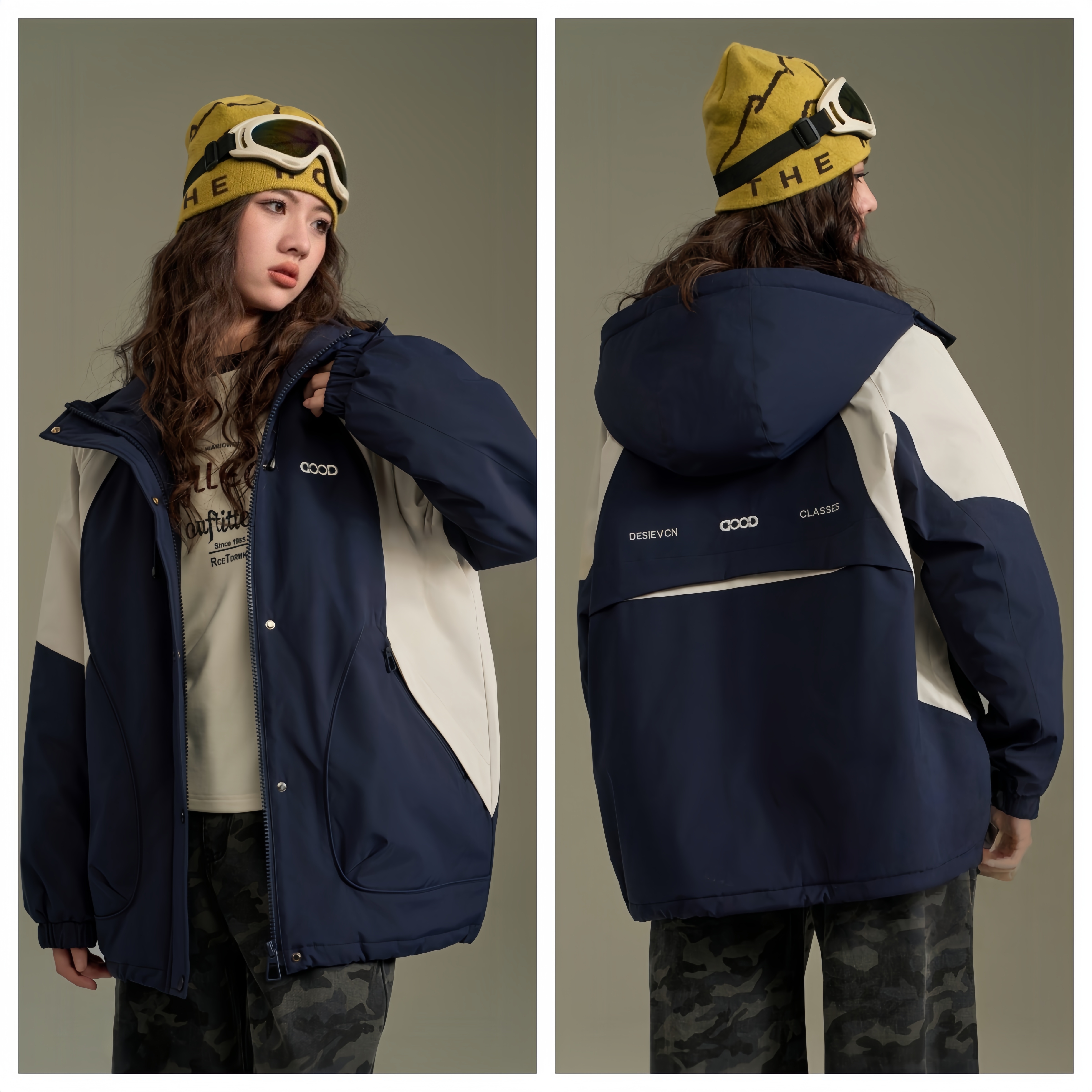 【涵妈推荐】女大童秋冬款初中生大码字母撞色拼接冲锋衣连帽外套冬