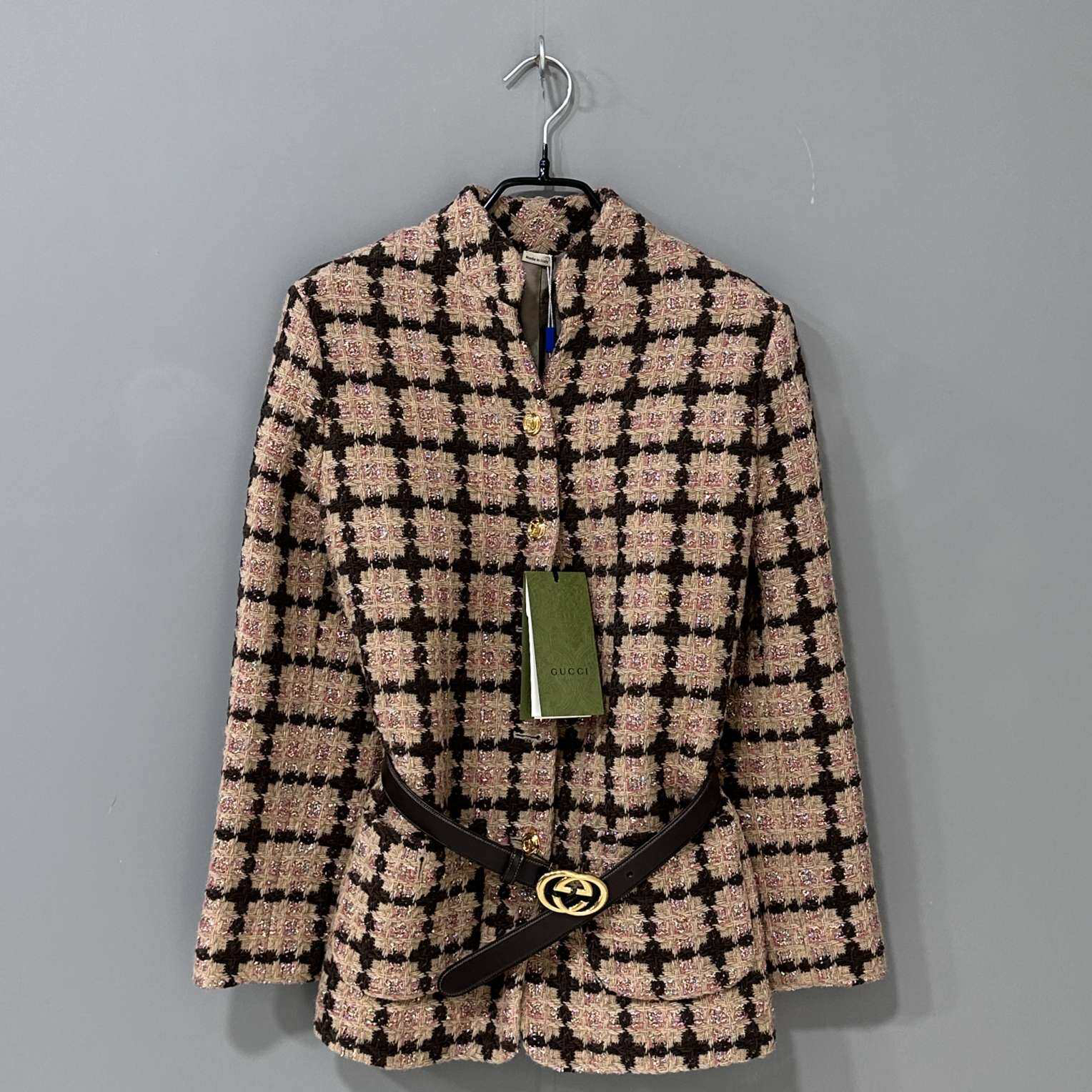 全新未使用 GUCCI/古驰 格子彩花编织腰带小香风外套/36码/92096