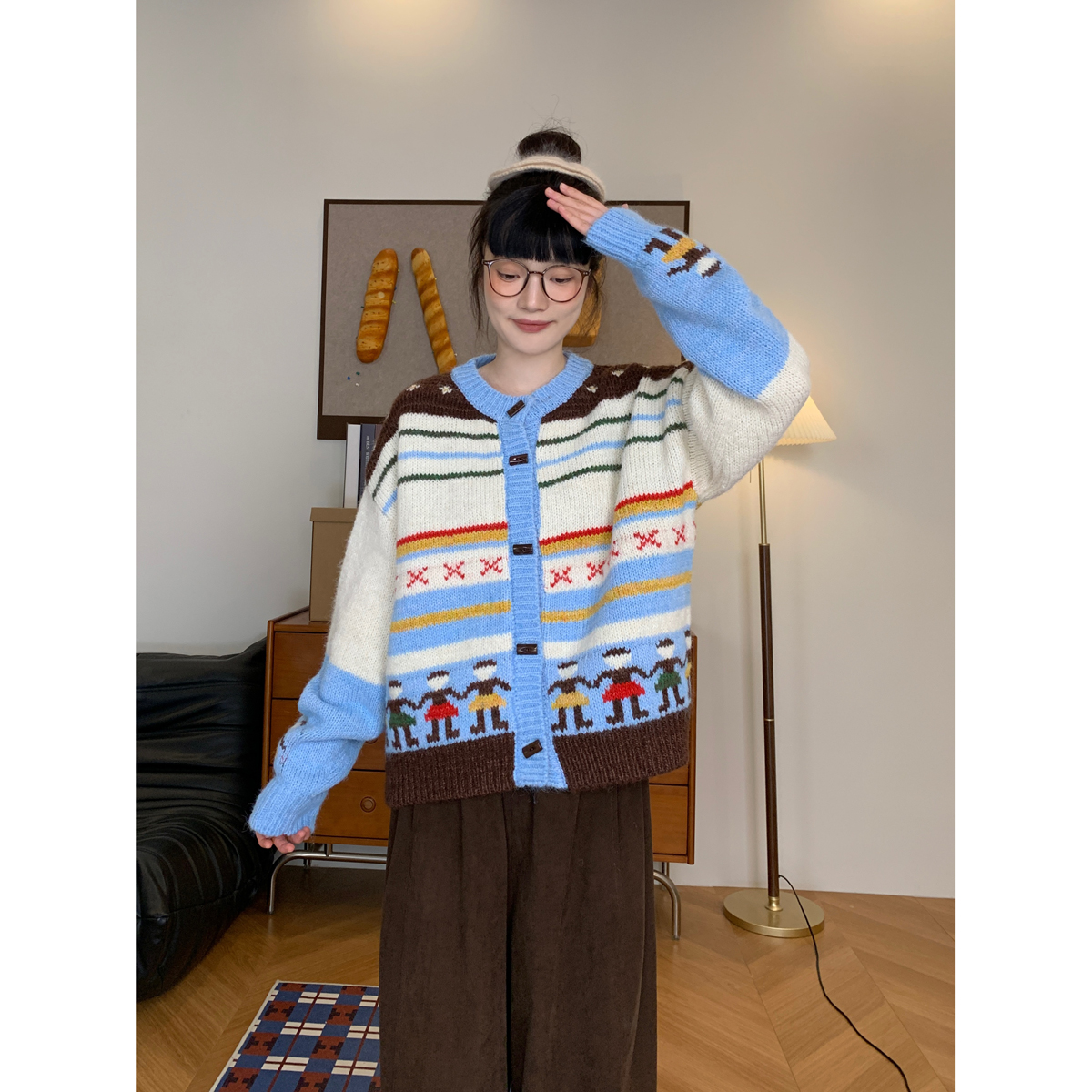 复古加厚羊毛提花毛衣外套女韩版秋冬新款宽松显瘦撞色针织开衫潮