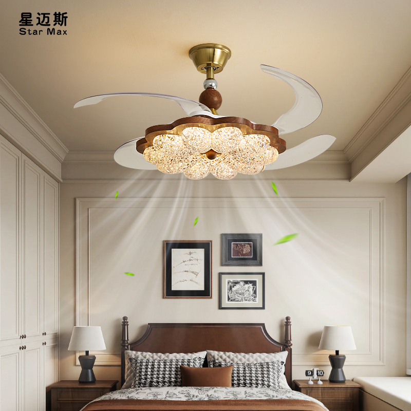 法式创意中古风高端金箔卧室客厅一体护眼隐形风扇灯具个性吊灯