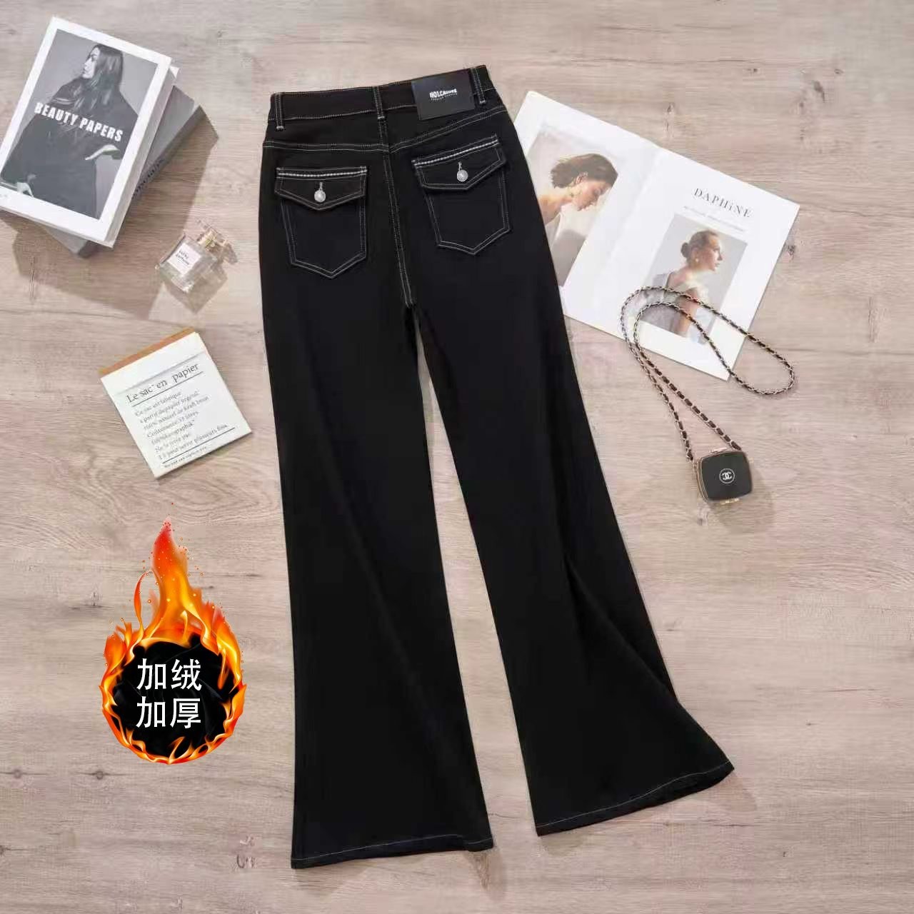 九九秋冬厚款弹力黑色显瘦高腰筒喇裤女牛仔裤女