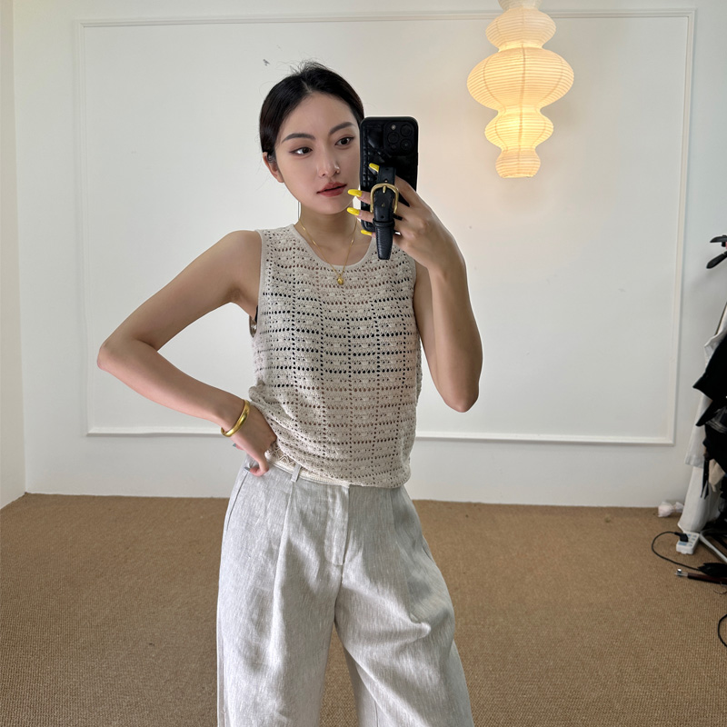 亚麻镂空背心女夏季新款2025爆款无袖套头手工编织针织衫上衣品质