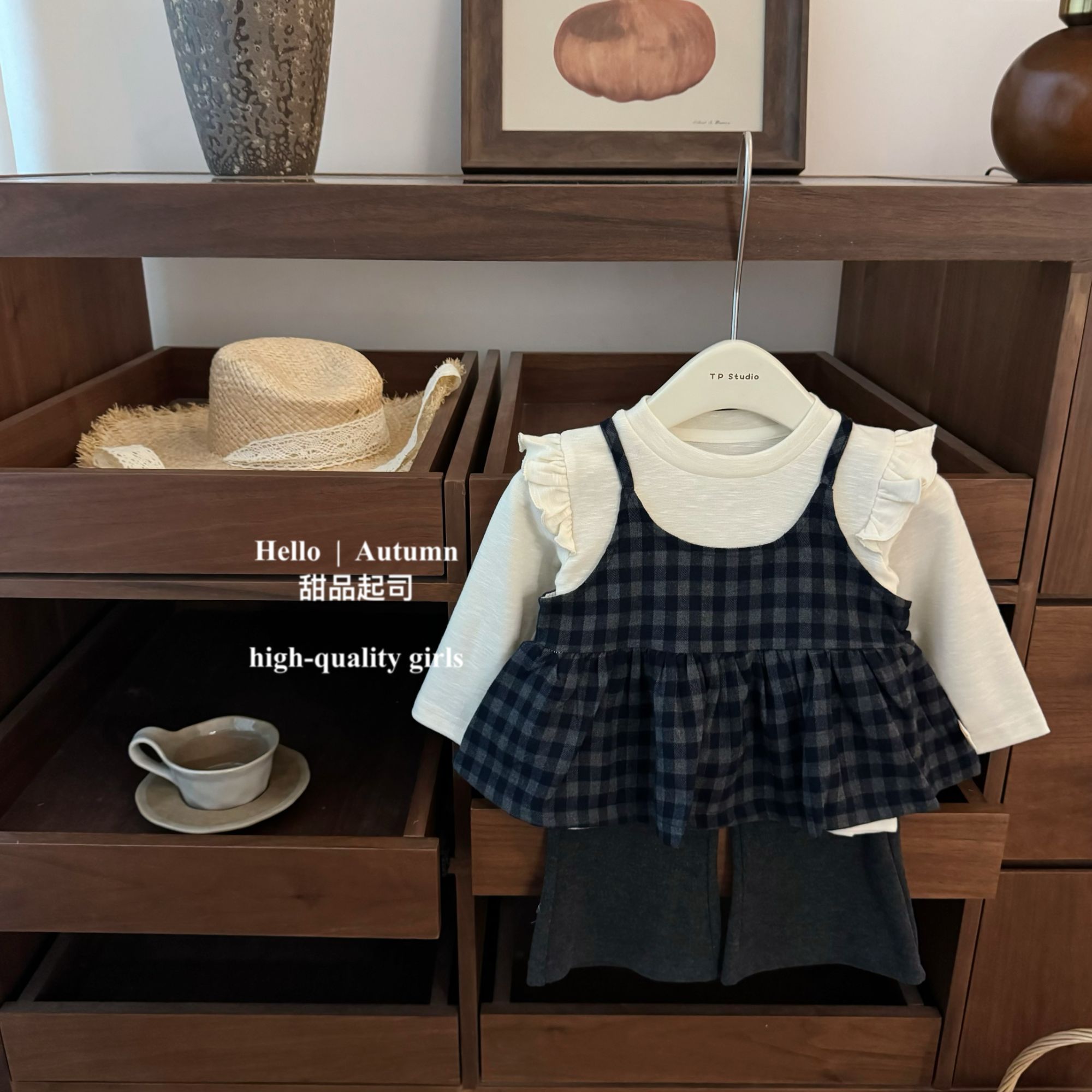 【甜品起司】叠穿美学！韩系女宝宝格子背心飞飞袖上衣微喇裤套装潮