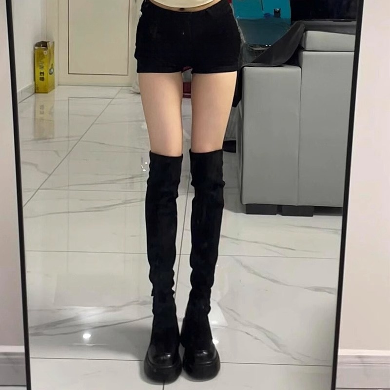 啄木鸟长筒靴女2024新款秋冬弹力长靴黑色高跟厚底增高时尚过膝靴