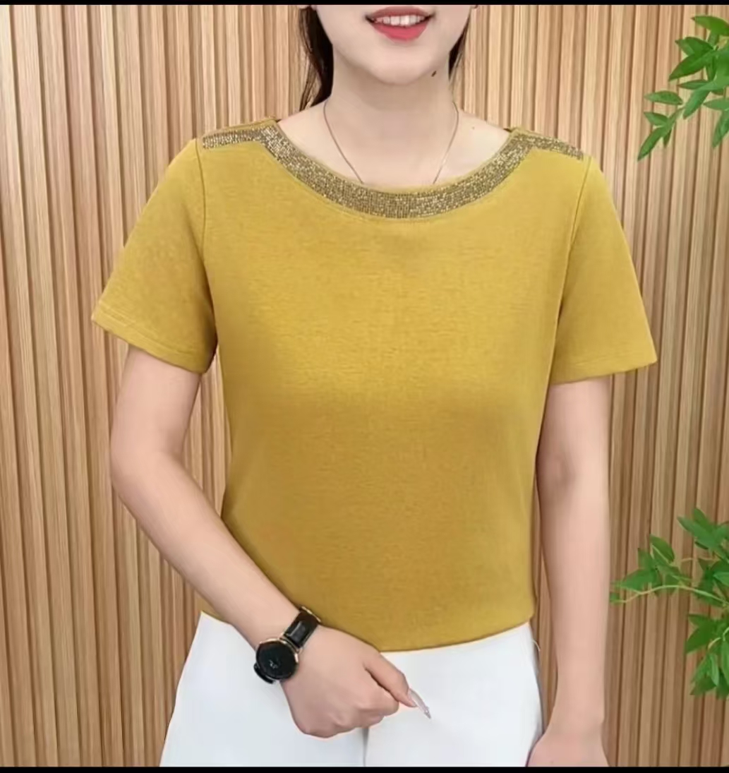 2025夏季时尚潮流新款简约烫钻纯色圆领百搭显瘦短袖