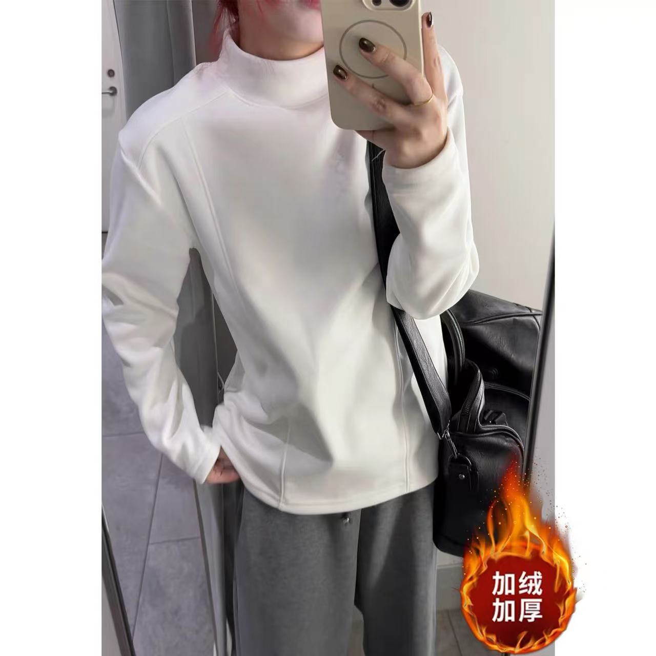 0639 半高领长袖冬季宽松加绒加厚德绒打底衫a3-2