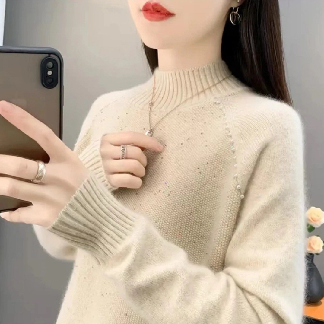 半高领毛衣女2025秋冬新款保暖外穿钉珠亮丝亮片软糯针织衫女上衣