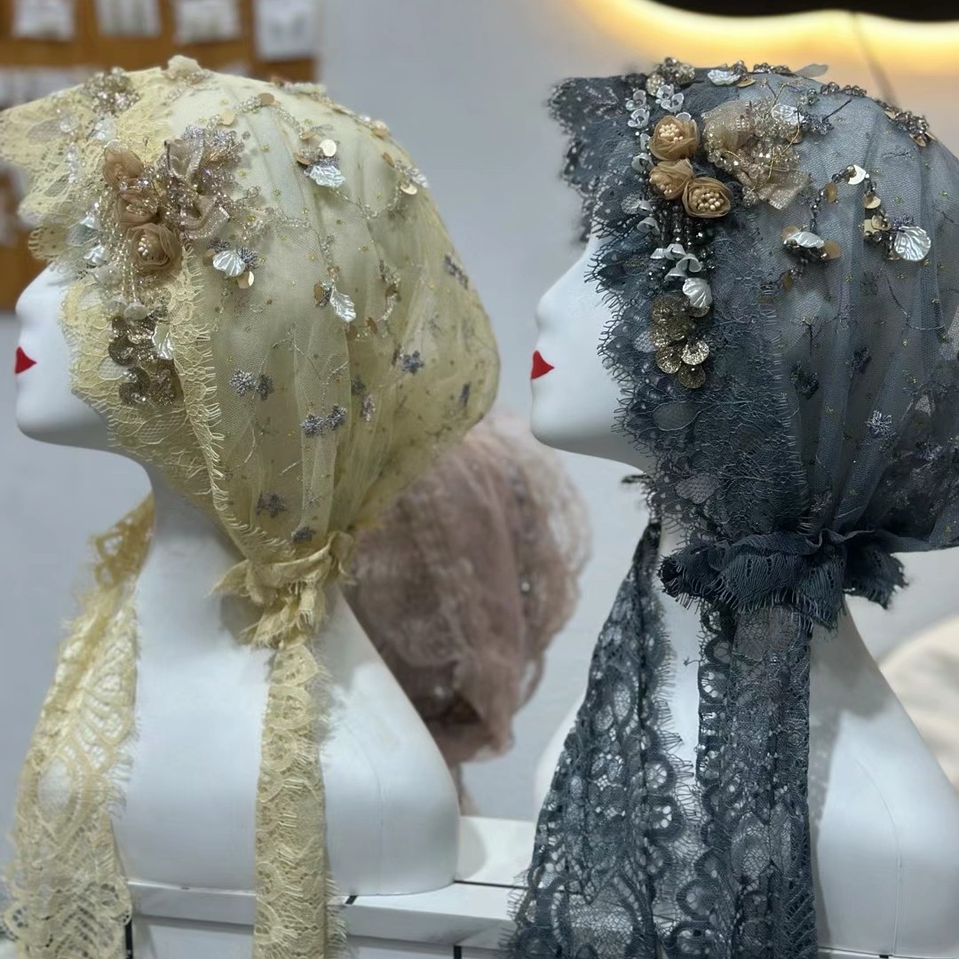 25纯手工重工定制 双层轻薄款轻奢气质时尚披肩飘带帽女孩