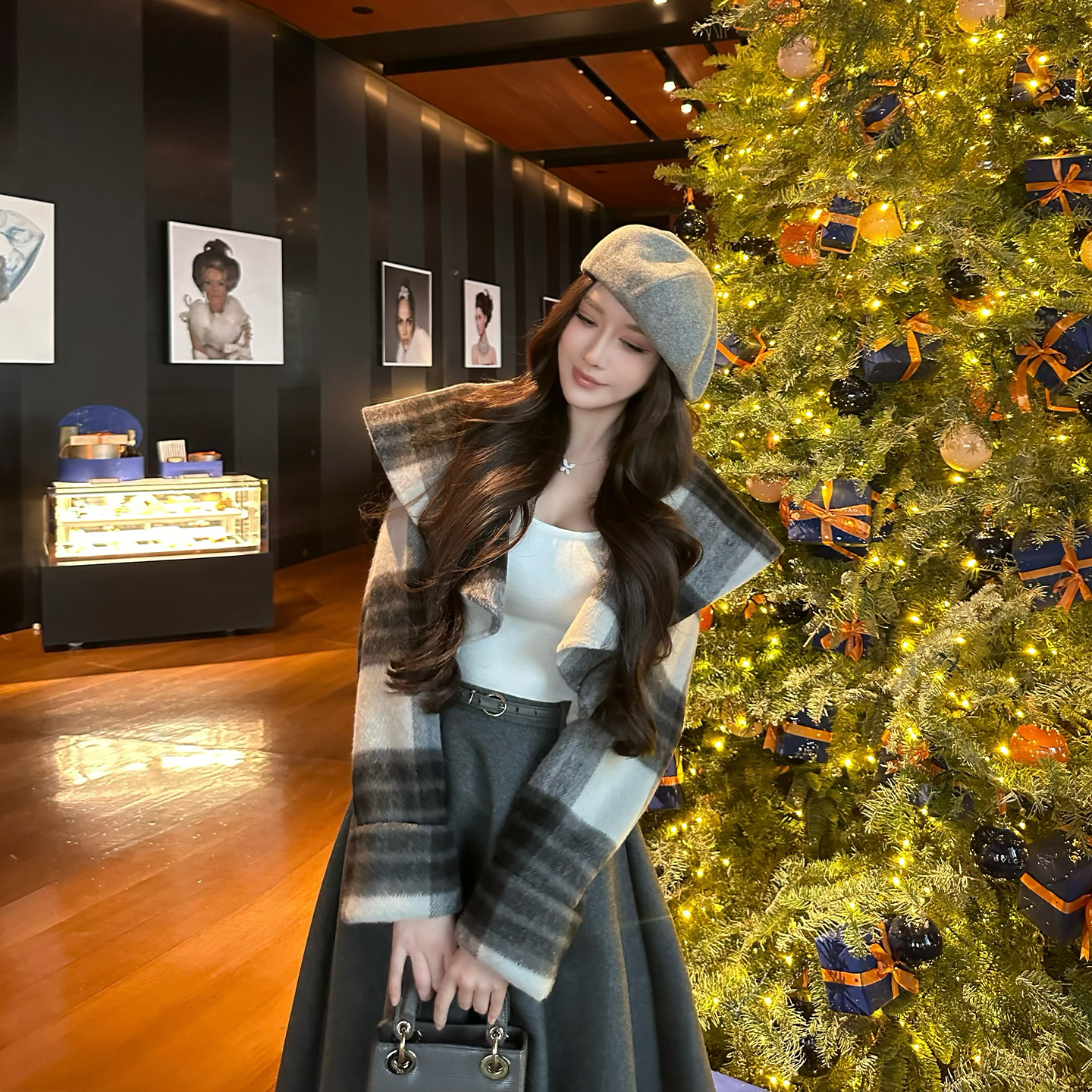 SX善喜黑白灰格子大翻领羊毛双面呢短款外套女小众设计感毛呢大衣