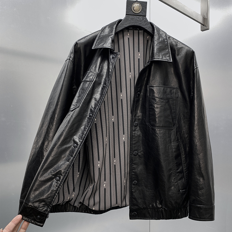 免烫男翻领男款头层牛皮休闲皮衣春秋男士短款商务品质真皮皮衣