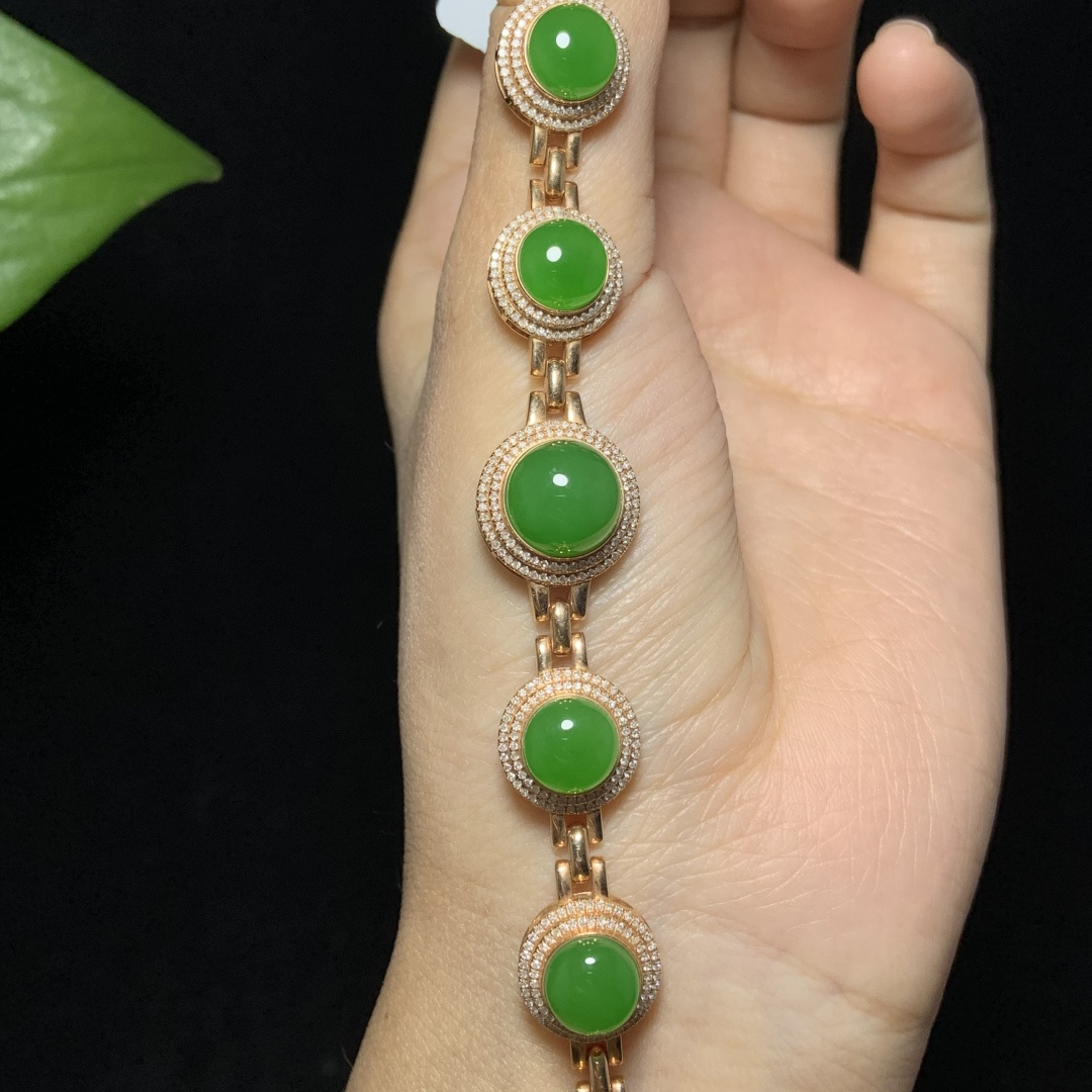 和田碧玉 蛋面手链 18K金镶