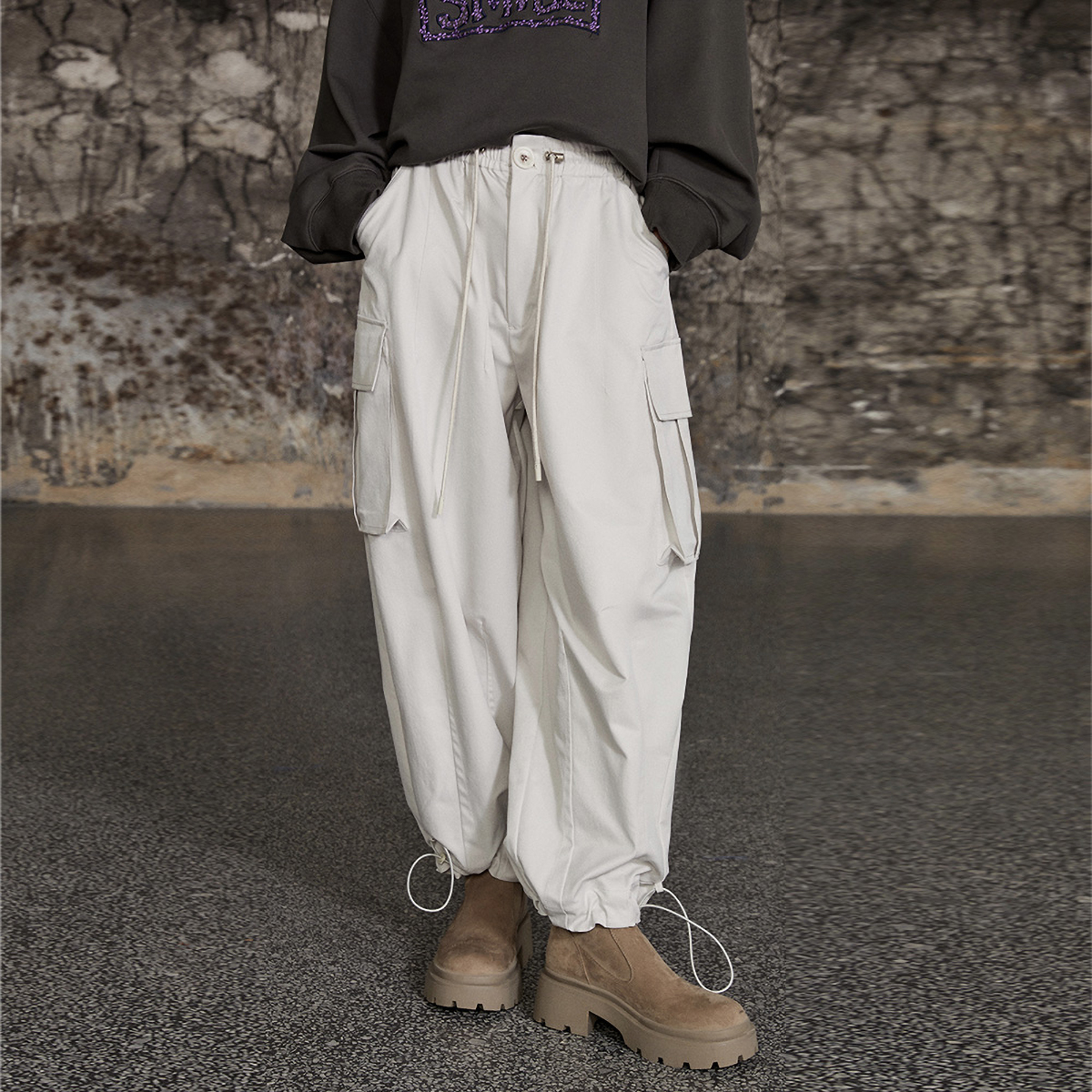 晶咕黑标宽松休闲裤女ins高阶设计感气质显瘦/口袋抽绳工装裤