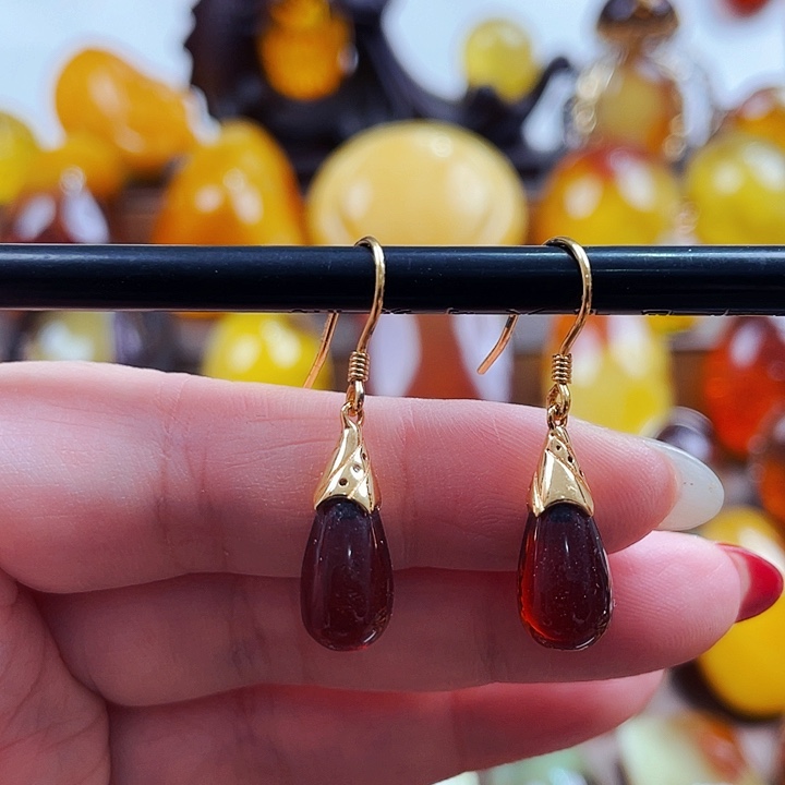 琥珀戒指银S925镶嵌耳环