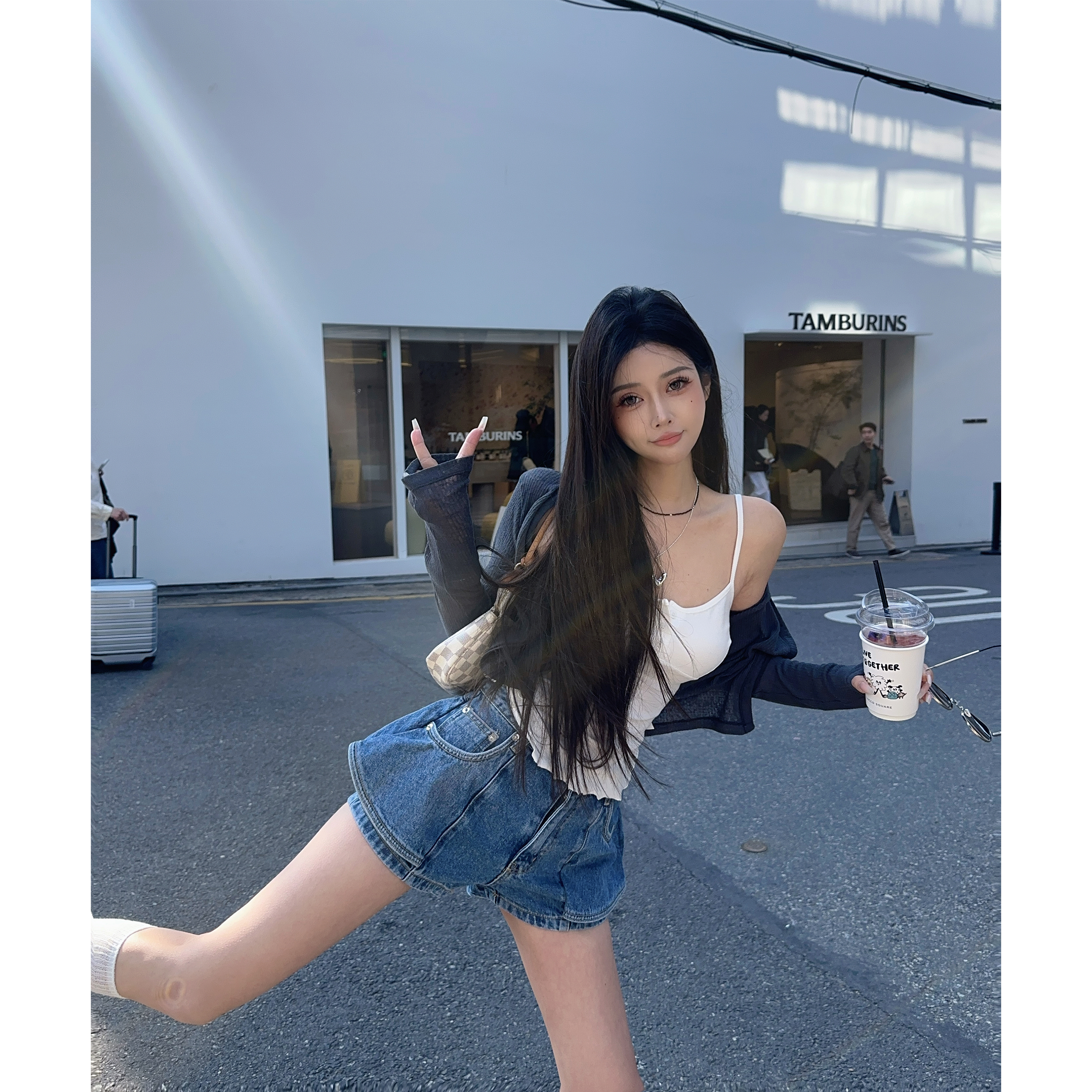 21DEGREES【长腿特派员】泡菜防晒透透开衫不规则吊带蝴蝶裙小短裤