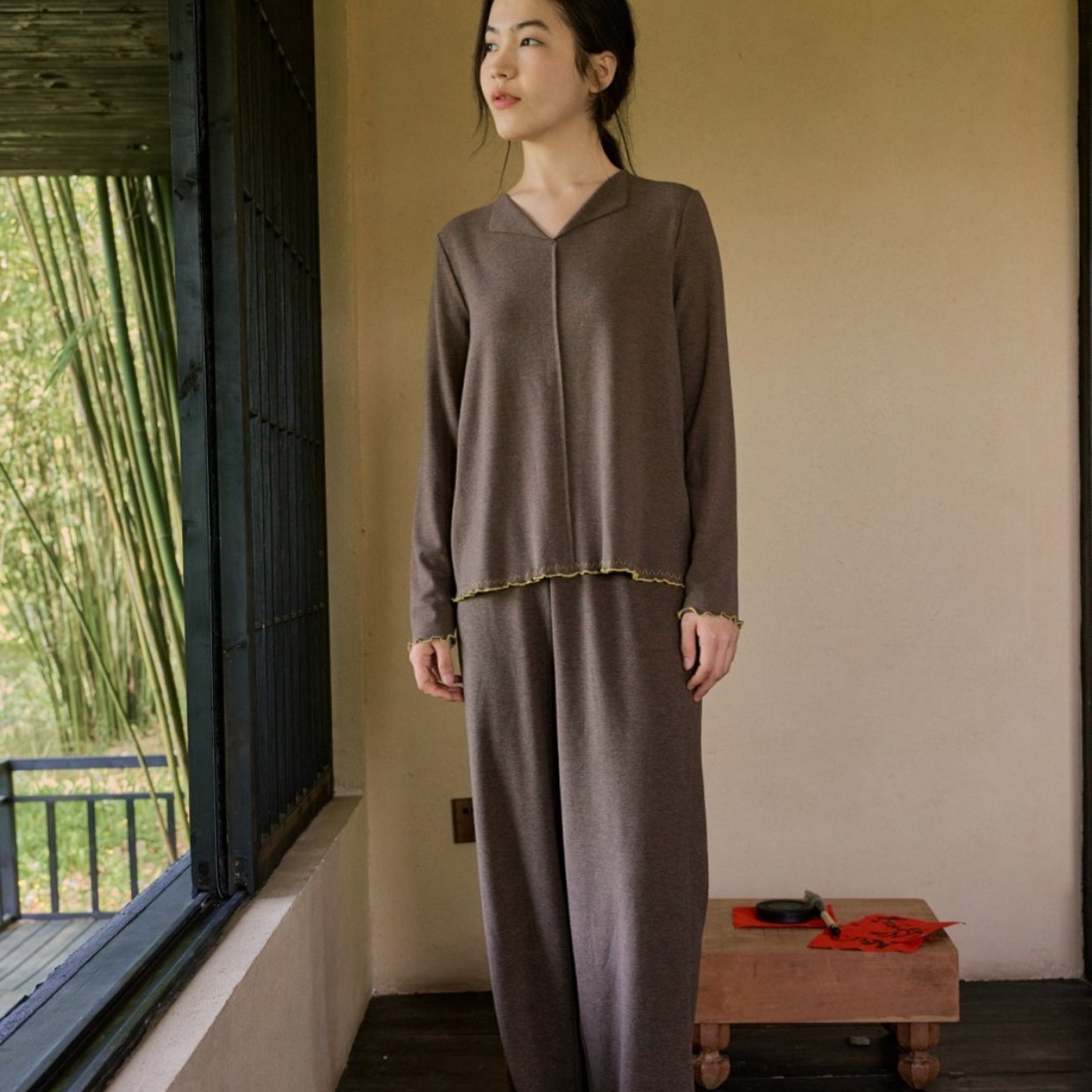 【海城朵朵专属】252- 046 秋冬女翻领对开磨绒家居服洋气套装