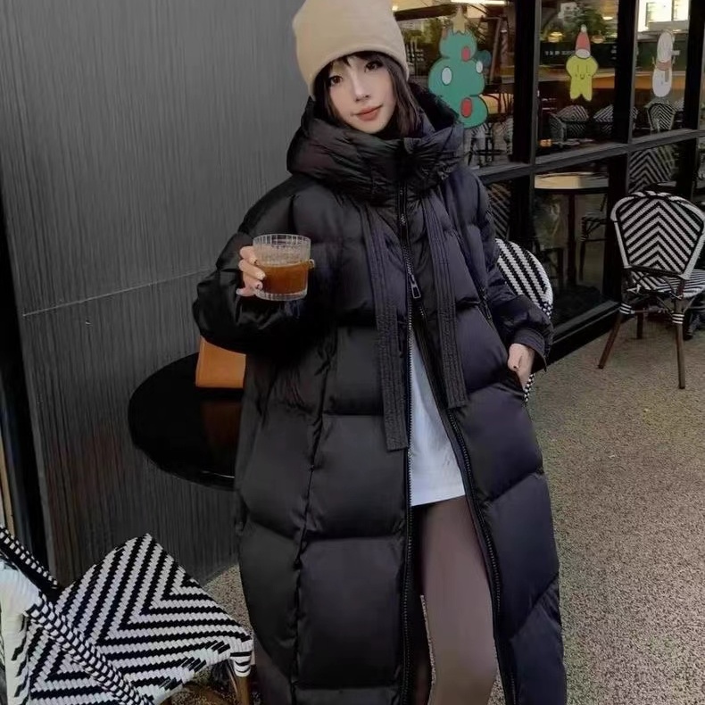 飘带中长款款大被子白鸭绒羽绒服时尚休闲百搭女士连帽宽松加厚