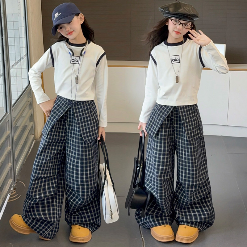 女童2025新款秋装洋气时髦中大童韩系长袖打底衫格子阔腿裤两件套