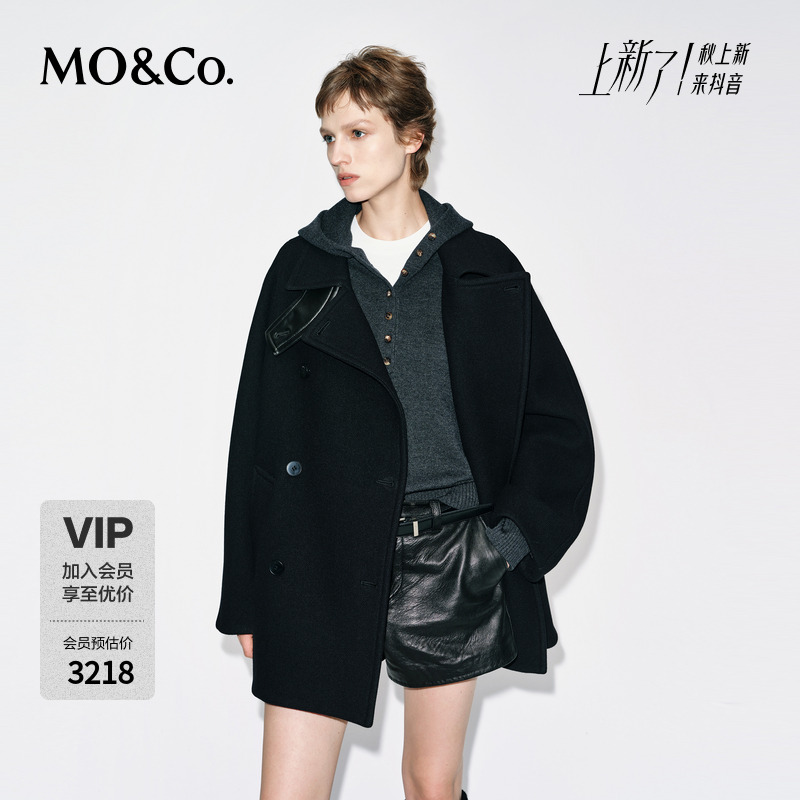 MOCO毛呢大衣2025冬新品美丽诺绵羊毛机车风可拆卸皮袢MBE4OVCT03