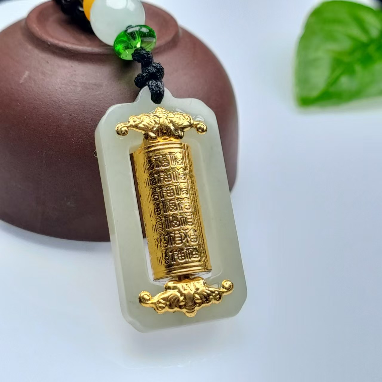 （店长推荐）足金 黄金和田玉转经筒吊坠男女款