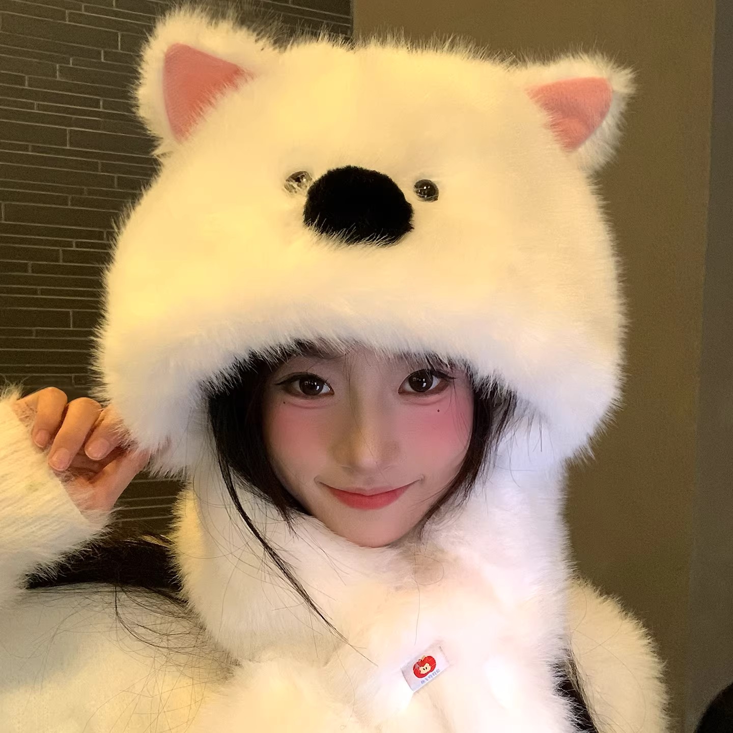 可爱西高地小狗毛绒帽子秋冬女冬季毛茸茸保暖雷锋帽交叉围脖一体