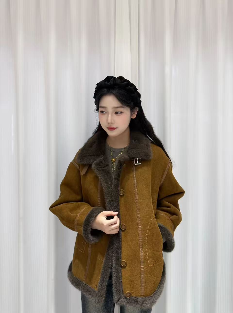 保暖单排扣冬季长袖女外套百搭外套女款皮毛一体