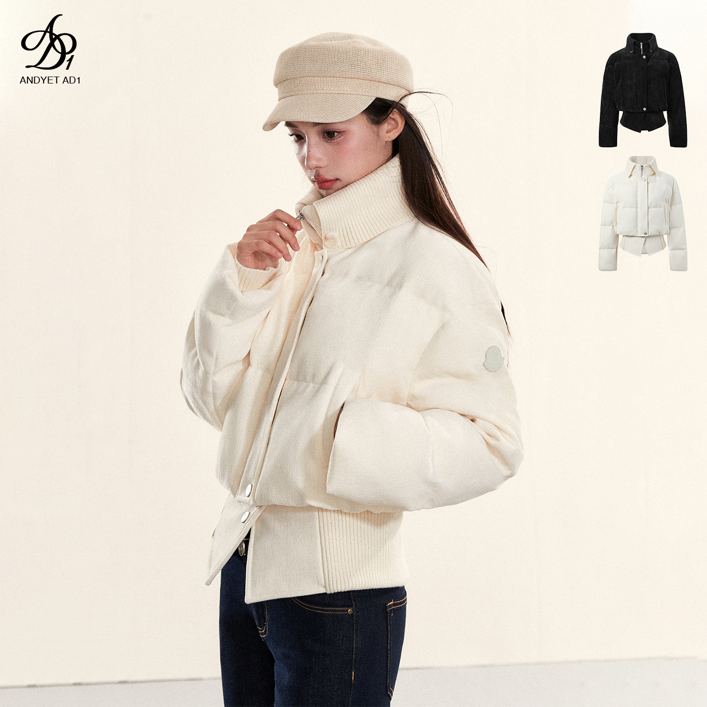 ANDYET AD1高领保暖棉服女拼接罗口收腰显瘦外套通勤气质绒感
