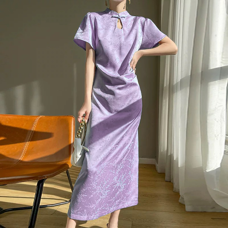 无印心匠B88869-2 新中式提花立领盘扣短袖中长款夏季连衣裙K188