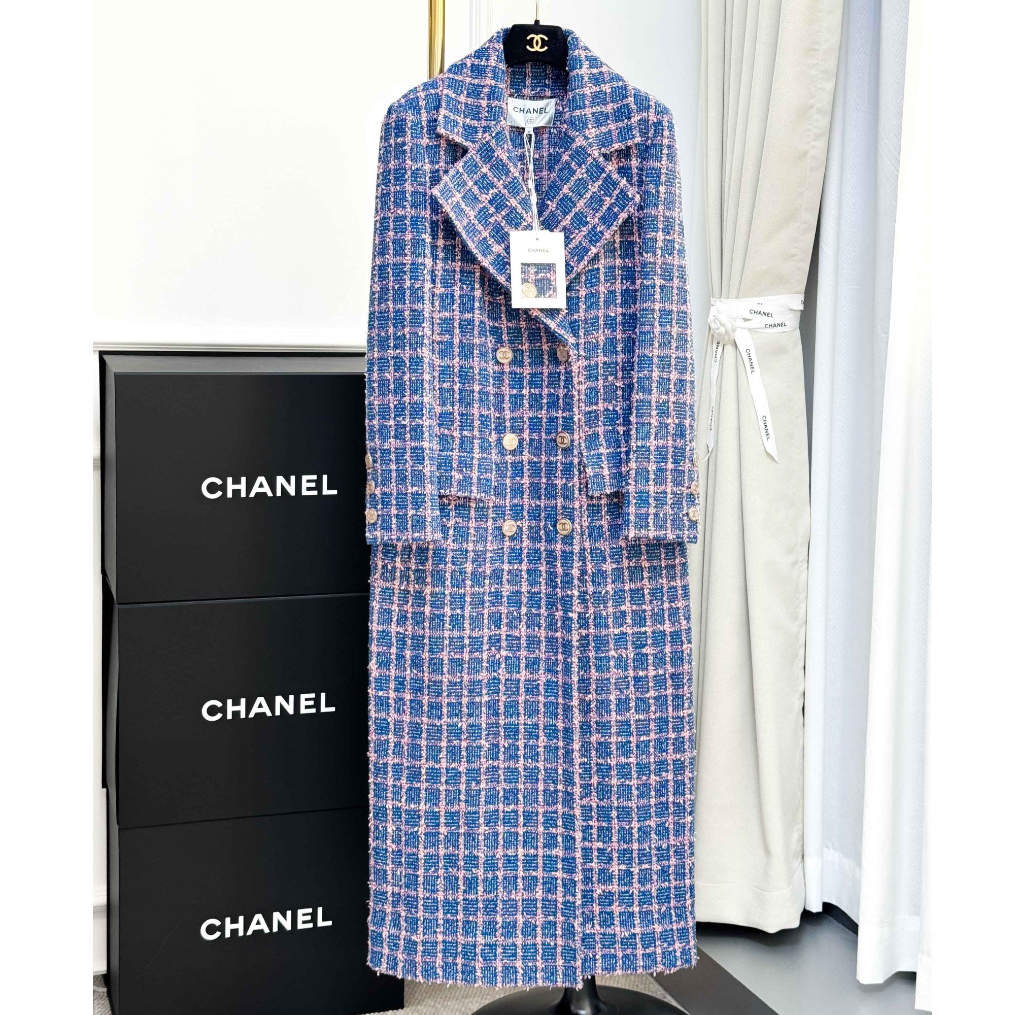 99新 Chanel/香奈儿 38码23P春夏预告蓝紫格纹双排扣长款大衣 