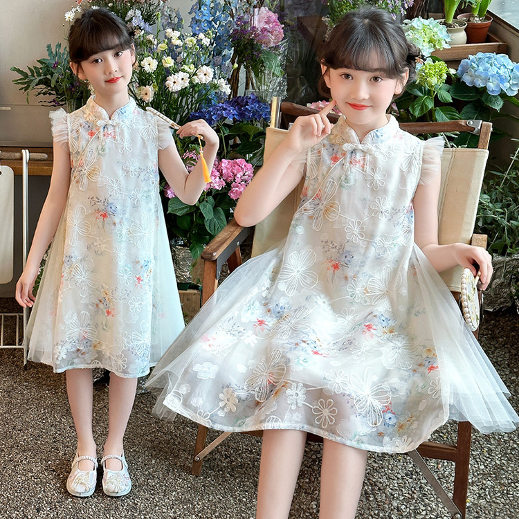 2025夏季新款女童连衣裙旗袍小飞袖古风国风洋气公主小女孩