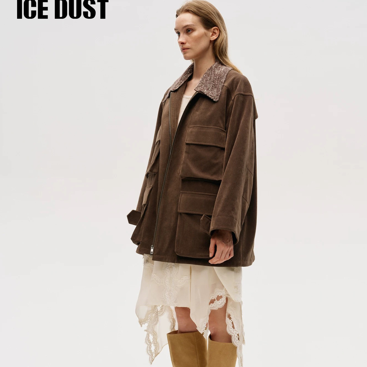 ICEDUST拼接毛织领工装派克服女25FW秋冬季宽松中长款夹克厚外套