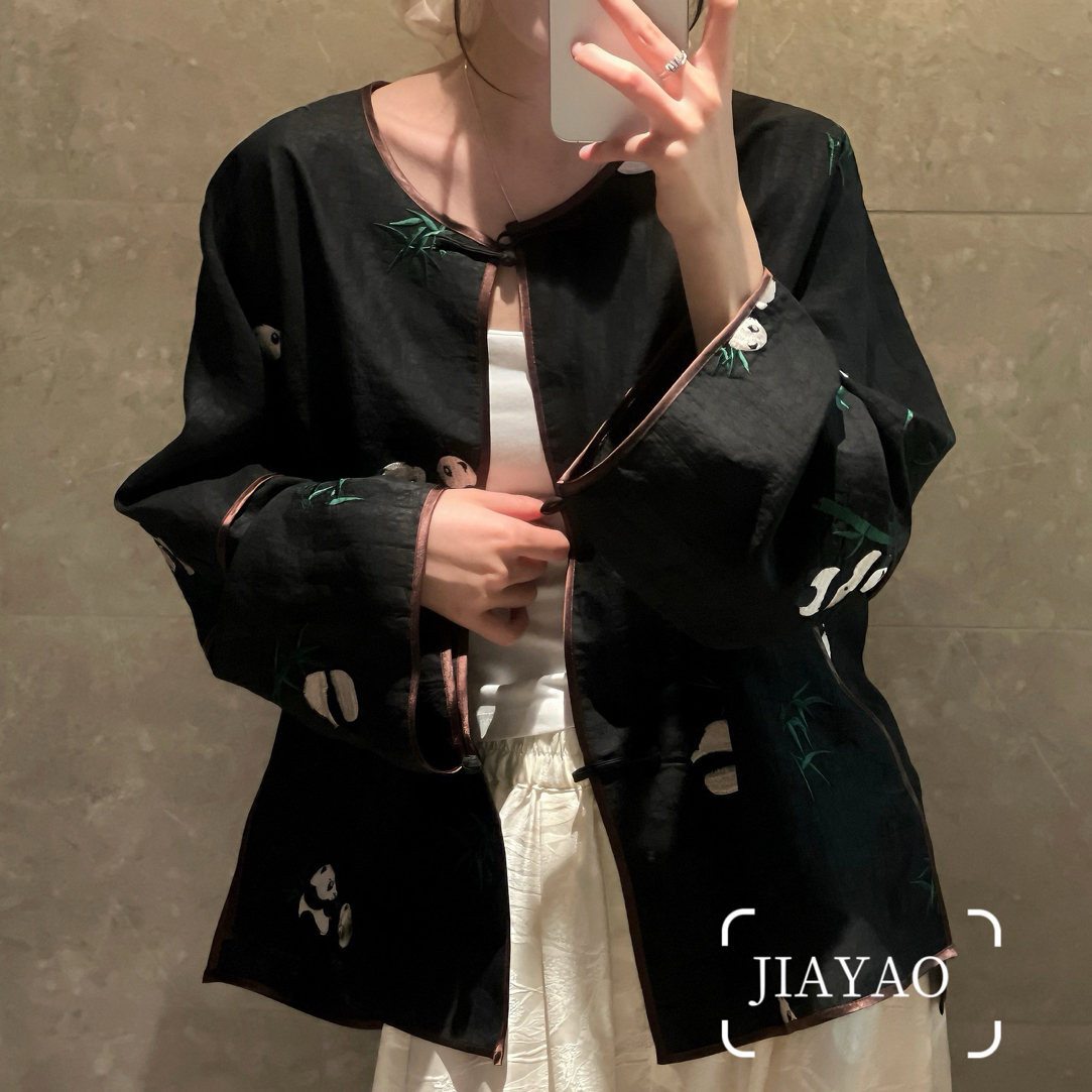 百分百桑蚕丝龟裂纹香云纱熊猫刺绣新中式国风休闲外套女装