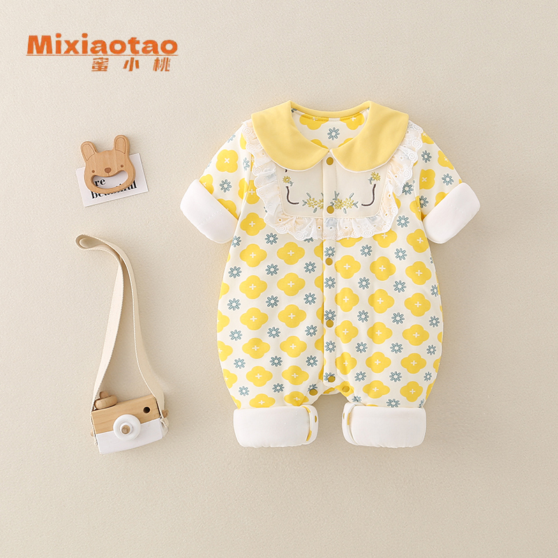 6秋冬款夹棉120克一朵晶莹薄棉宝宝夹棉新生儿婴儿加棉闭档连体衣