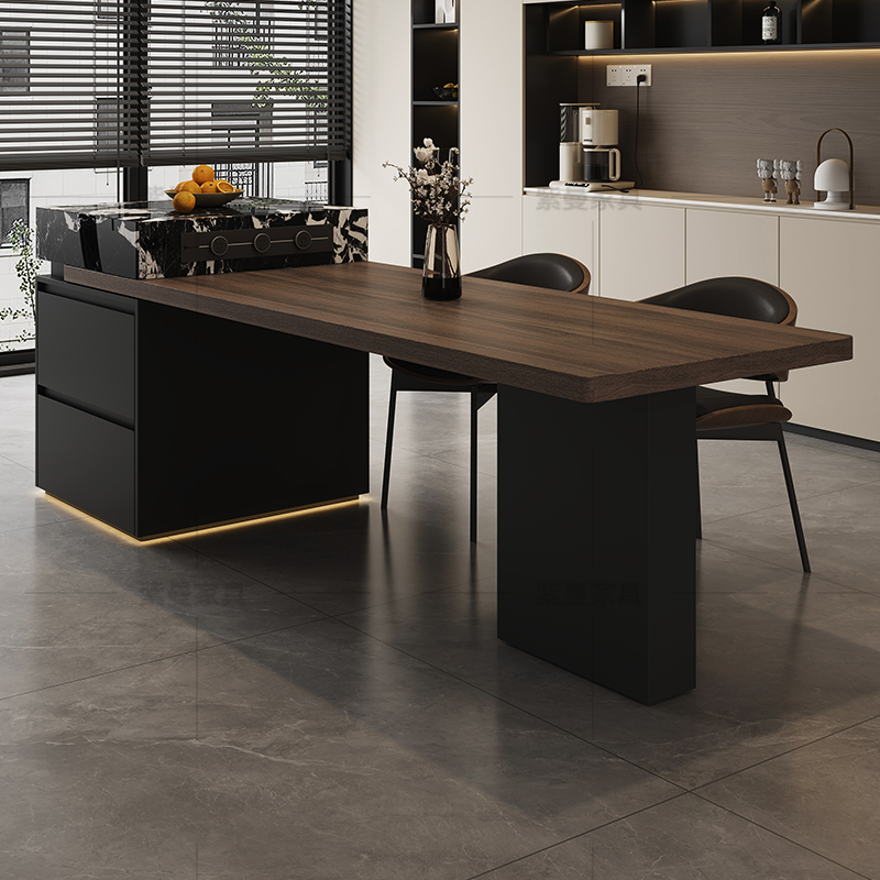 意式极简可电动伸缩岛台餐桌一体岛帽全岩板收纳储物高级厨房家用