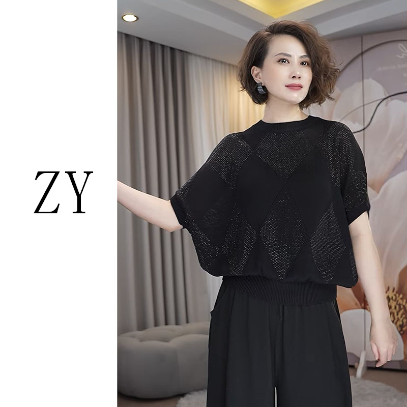 欧洲站原创圆领短袖宽松重工烫钻洋气短款百搭黑色针织上衣针织衫