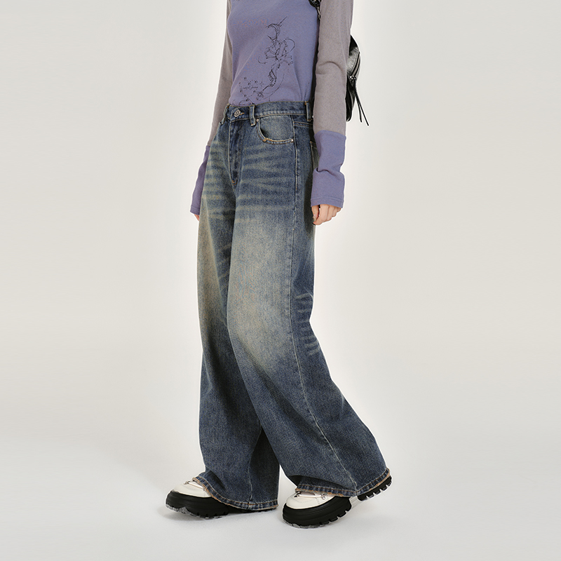 【主播同款】Girlyhalo美式复古水洗直筒牛仔裤阔腿裤90683