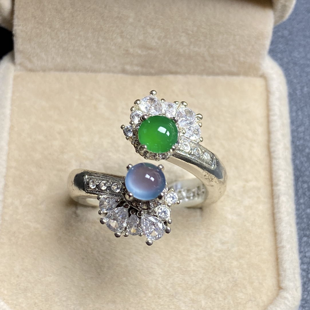 星空蓝冰阳绿双生花撞色款戒指