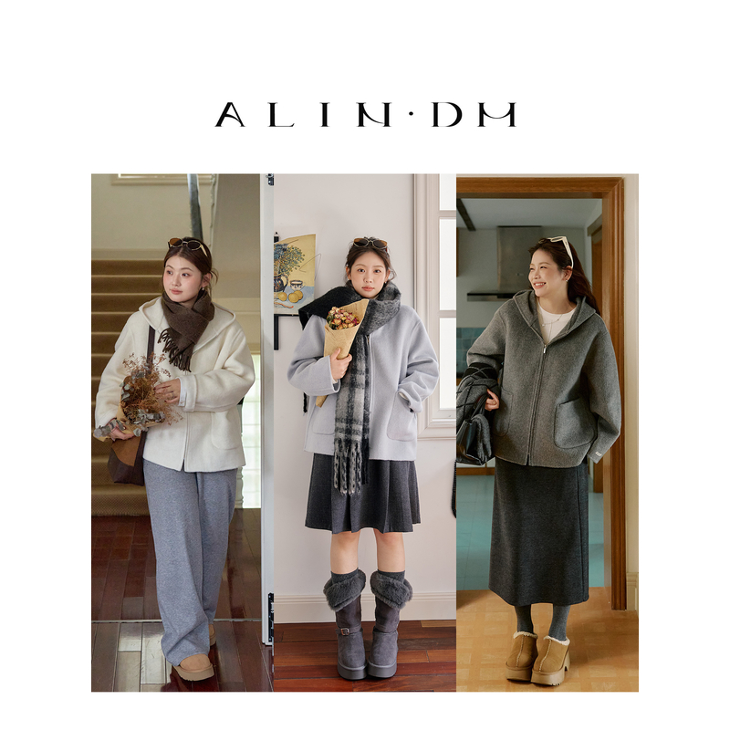 ALINDM【书卷围炉】大码微胖mm双面绵羊毛一手长连帽大衣 AS27225