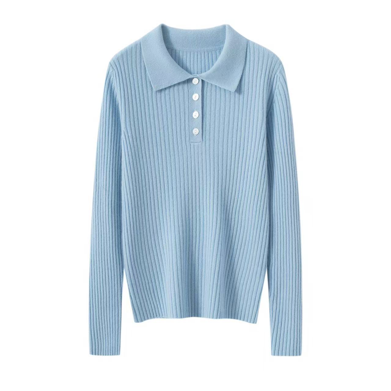 高定百搭！独特魅力！polo竖坑条纹显瘦羊绒针织打底衫676