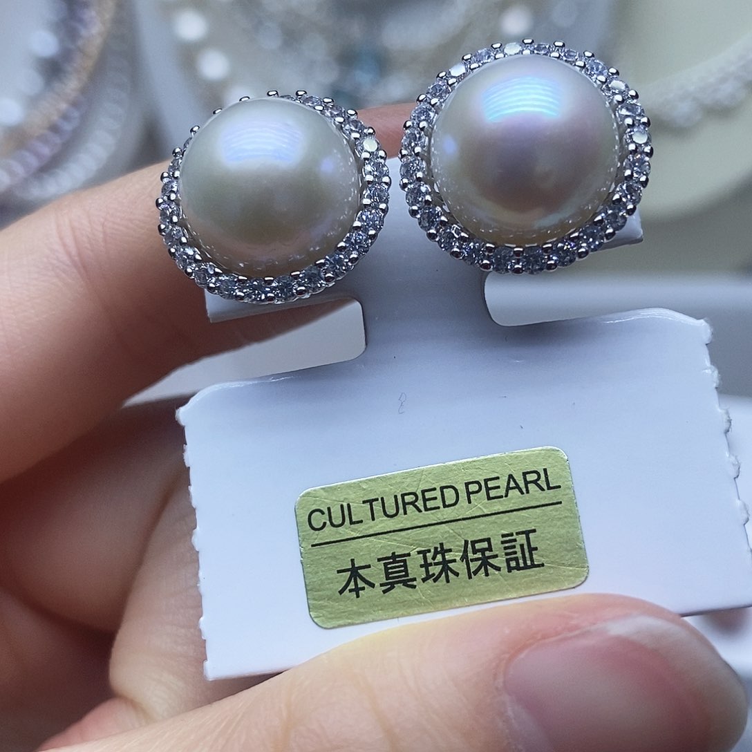 银S925镶嵌耳钉淡水珍珠