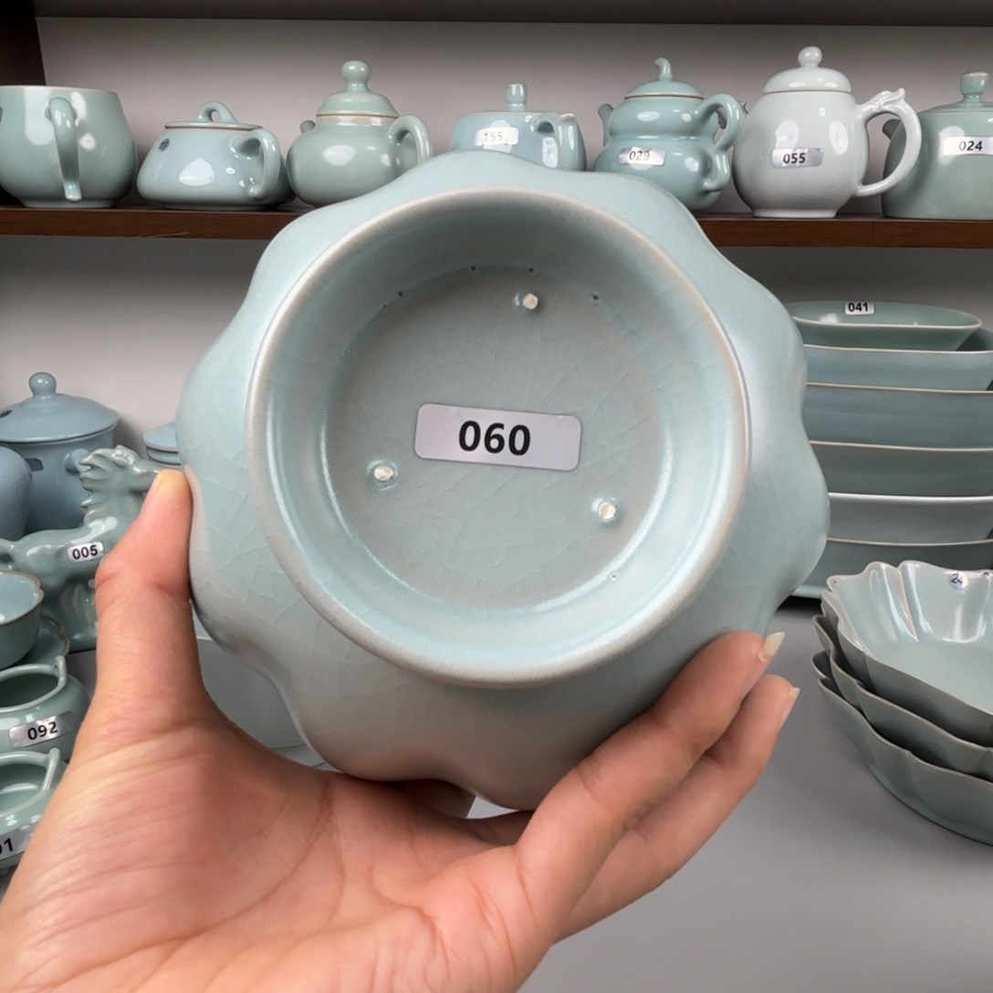 陶摆件汝瓷莲花碗支钉烧仿古釉大瑕不退不换060