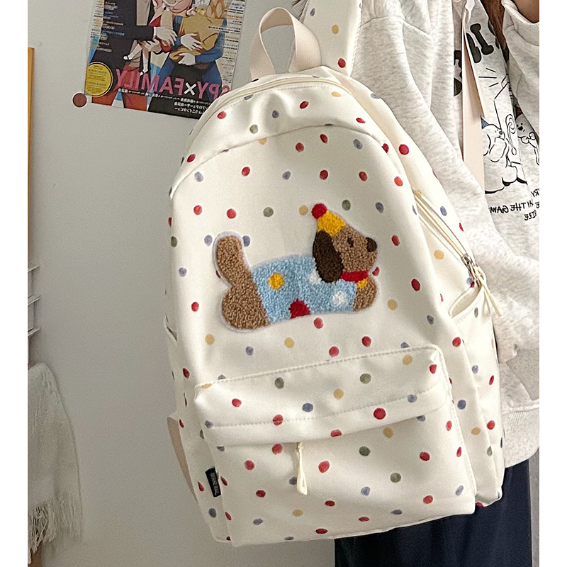彩色波点学院风双肩包可爱小狗新款大容量背包初高中大学生书包女