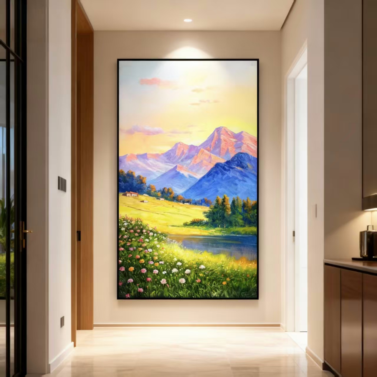 氛围灯下的现代轻奢欧式奶油竖款写实风景玄关过道走廊正对门挂画