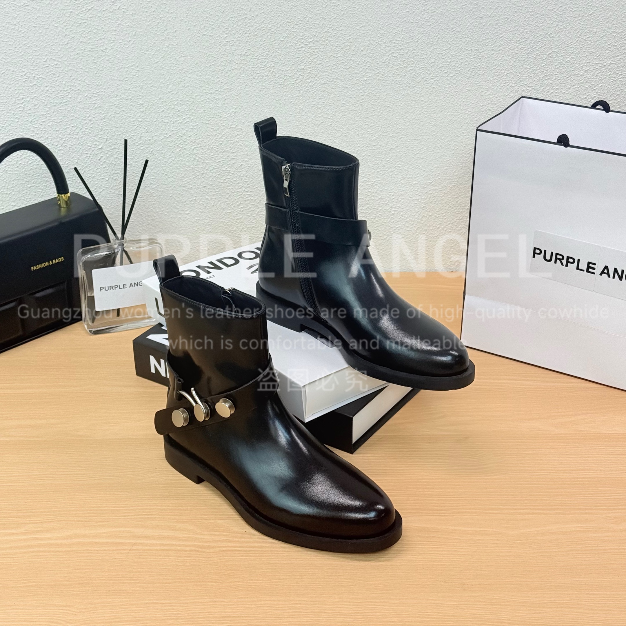 Purple Angel轻奢2CM/新款法式马丁靴气质女靴低跟短靴29096